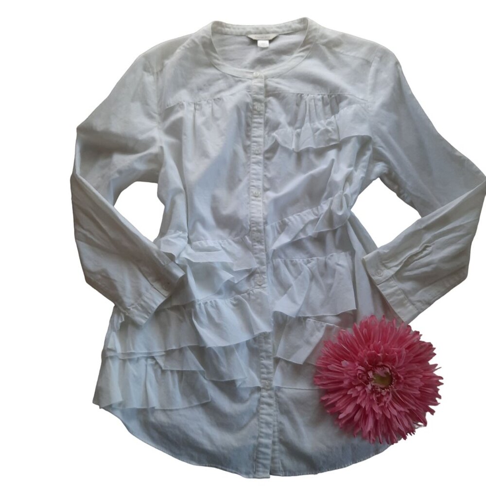 Garnet Hill Women’s Crew Neck Ruffled Cotton Blouse Button Up - Picture 3 of 12